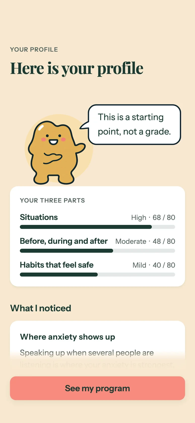 The Jollido app's profile screen: how strong each part of your social anxiety is, and a button to see your program