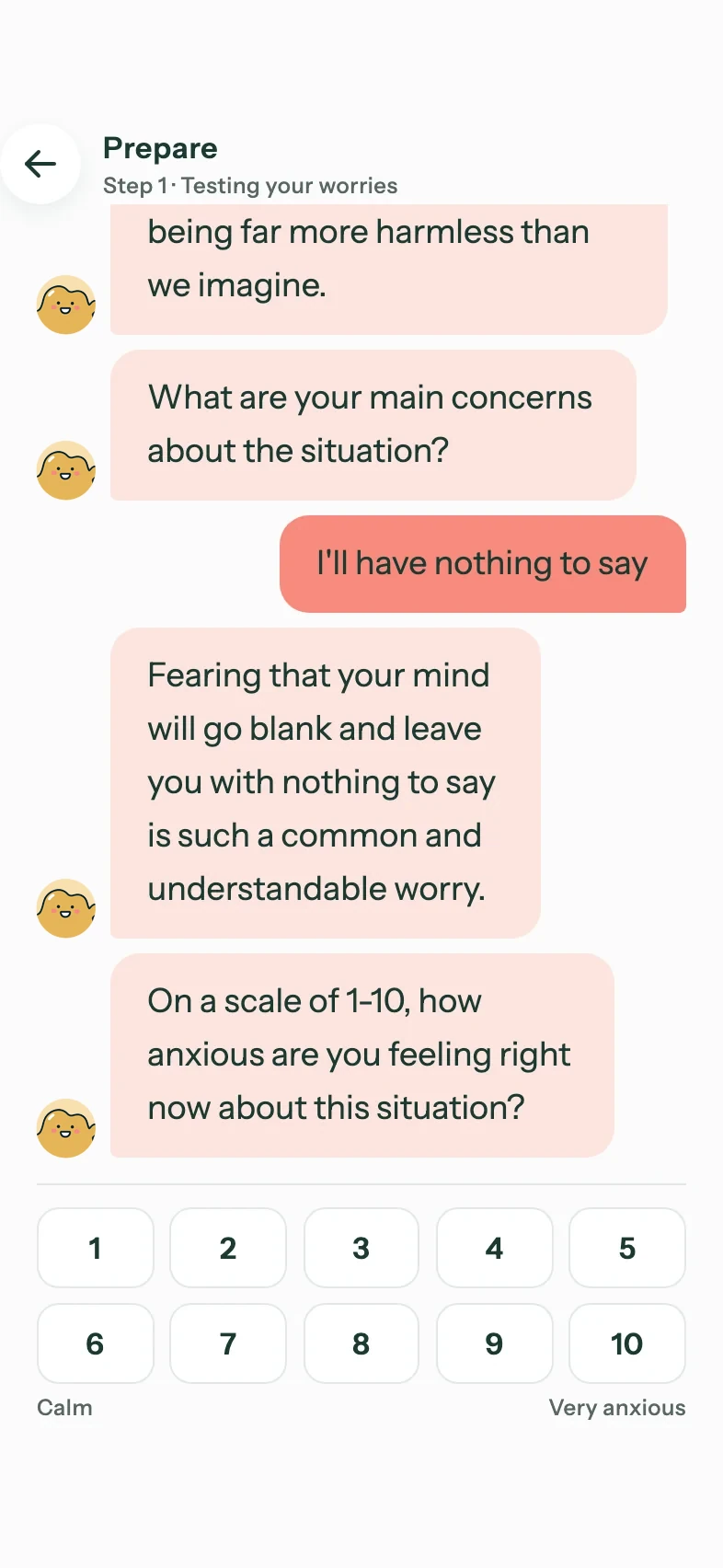 The Jollido app's Prepare chat before a coffee with a colleague: the worry is having nothing to say, and the coach asks how anxious it feels, with a scale from 1 to 10