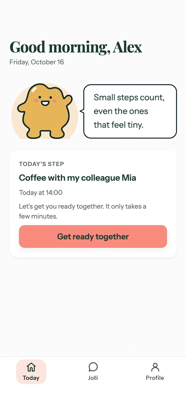 The Jollido app's Today screen on Friday: today's step is a coffee with a colleague at 14:00, with a button to get ready together