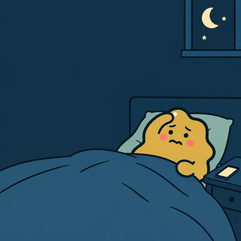 A yellow blob lying awake in bed at night, with a worried look