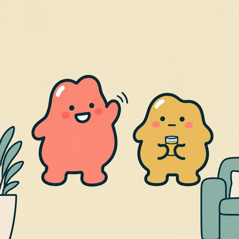 A yellow blob frozen with a blank look as a coral blob walks up and says hello